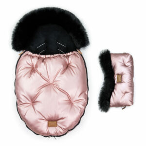 két részes baba bundazsák szett prémium eco bőr anyagból fényes rózsaszín fekete szőrmével