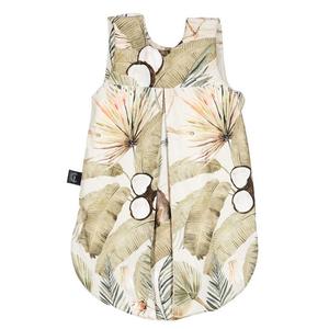 baba hálózsák 0-9 hónapig khaki zöld és krém trópusi pálmalevél, majom és kókuszdió mintás Boho Coco