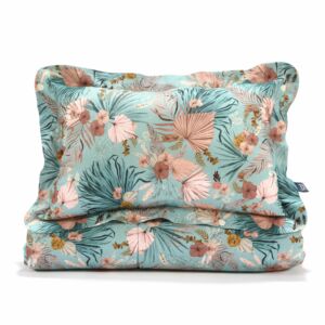 tinédzser ágynemű szett töltettel felnőtt méretben 150x200 cm-es takaróval és párnával kék-rózsaszín trópuis virág és pálma mintával La Millou Boho Palms
