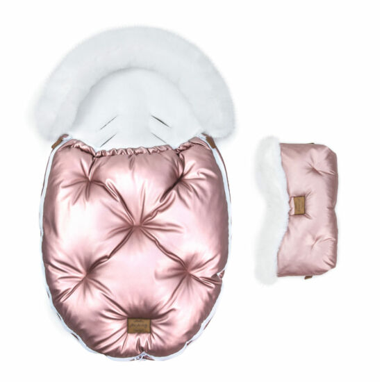 két részes baba bundazsák szett prémium eco bőr anyagból fényes rózsaszín fehér szőrmével
