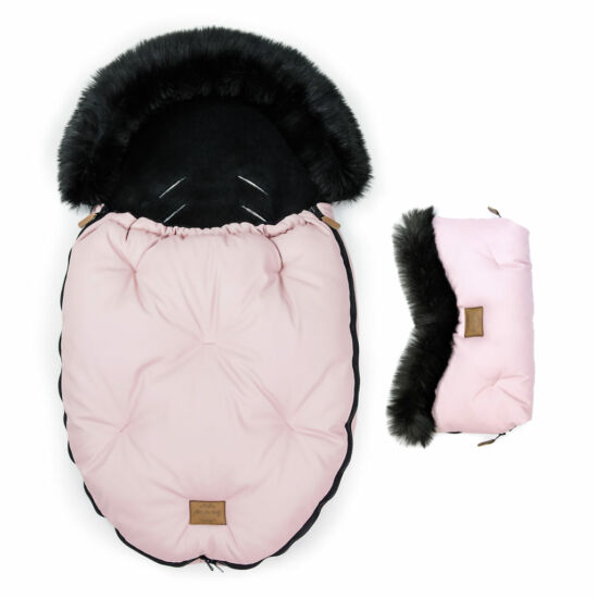 két részes baba bundazsák szett prémium eco bőr anyagból rózsaszín fekete szőrmével
