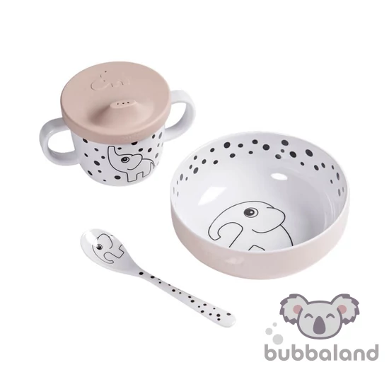 pöttyös elefántos baba étkészlet 6 hónapos kortól púder rózsaszín Done by Deer Happy Dots