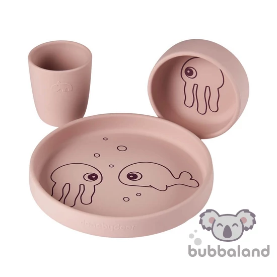 Sea Friends szilikon étkészlet babáknak 6 hónapos kortól púder rózsaszín Done by Deer tengeri állatos