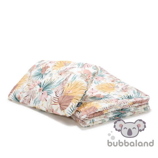 baba ágynemű szett töltettel és kispárnával 80x100 cm rózsaszín mályva zöld trópusi pálma leveles Boho Palms Light