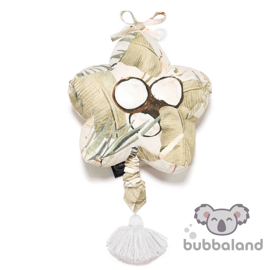 felhúzható zenélő játék babáknak krémszínű khaki zöld kókuszdió majom és trópusi pálma levél Boho Coco