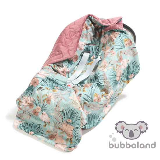 hordozós takaró babakocsi takaró mályva színű velvet anyagból rózsaszín-kék trópusi virág és pálma mintával La Millou Boho Palms