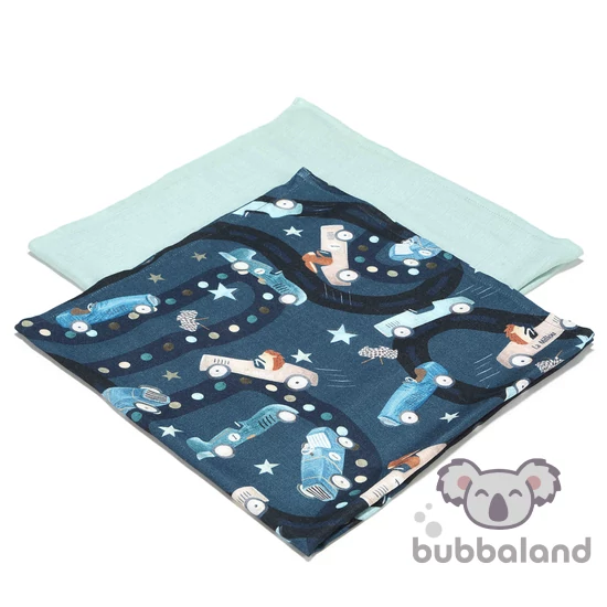 2 darabos textil pelenka bambusz anyagból sötétkék autóversenyző nyuszi és süni La Millou On the Road