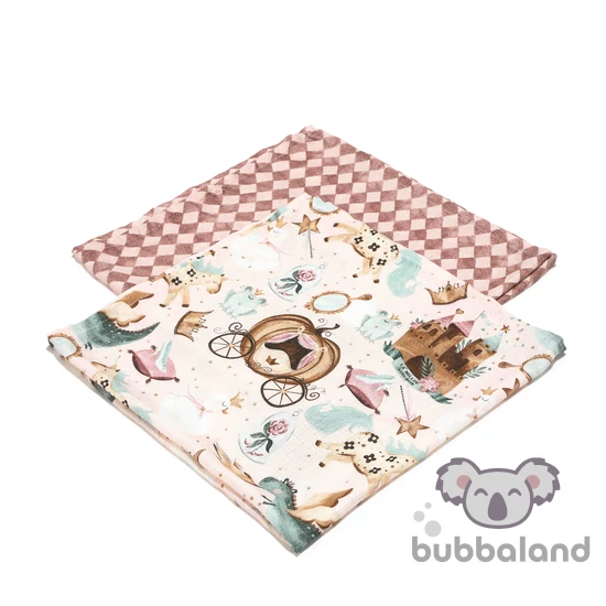 2 darabos textil pelenka pamut muszlin rózsaszín hercegnő, kastély, hintó, üvegcipellő, sárkány és ló minta La Millou Princess