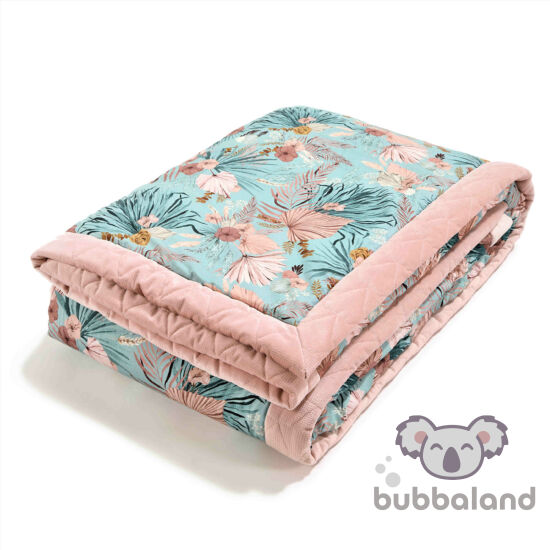 felnőtt méretű meleg takaró velvet és pamut anyagból púder rózsaszín kék trópusi virág és pálmalevél mintával La Millou Boho Palms