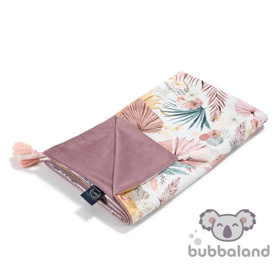 tavaszi nyári babatakaró töltet nélkül kétoldalas pamut velvet lendula, sárga és zöld trópusi pálmalevél mintás Boho palms Light