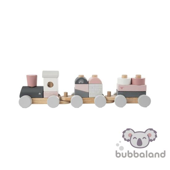 Label-Label púder rózsaszín fa játékvonat építőelemekkel